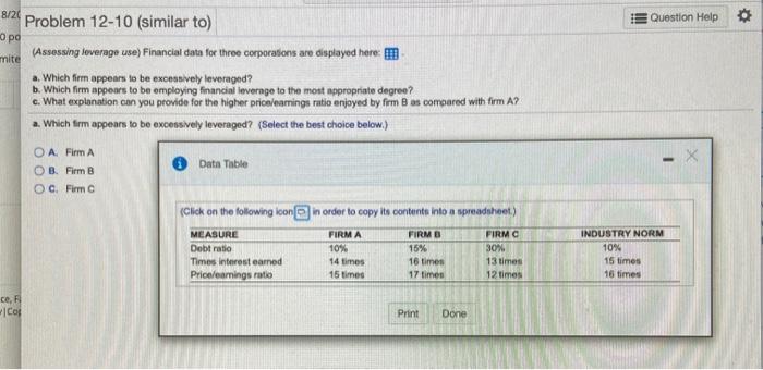  Question Help 8/20 Problem 12-10 (similar to) mite (Assessing loverage use)