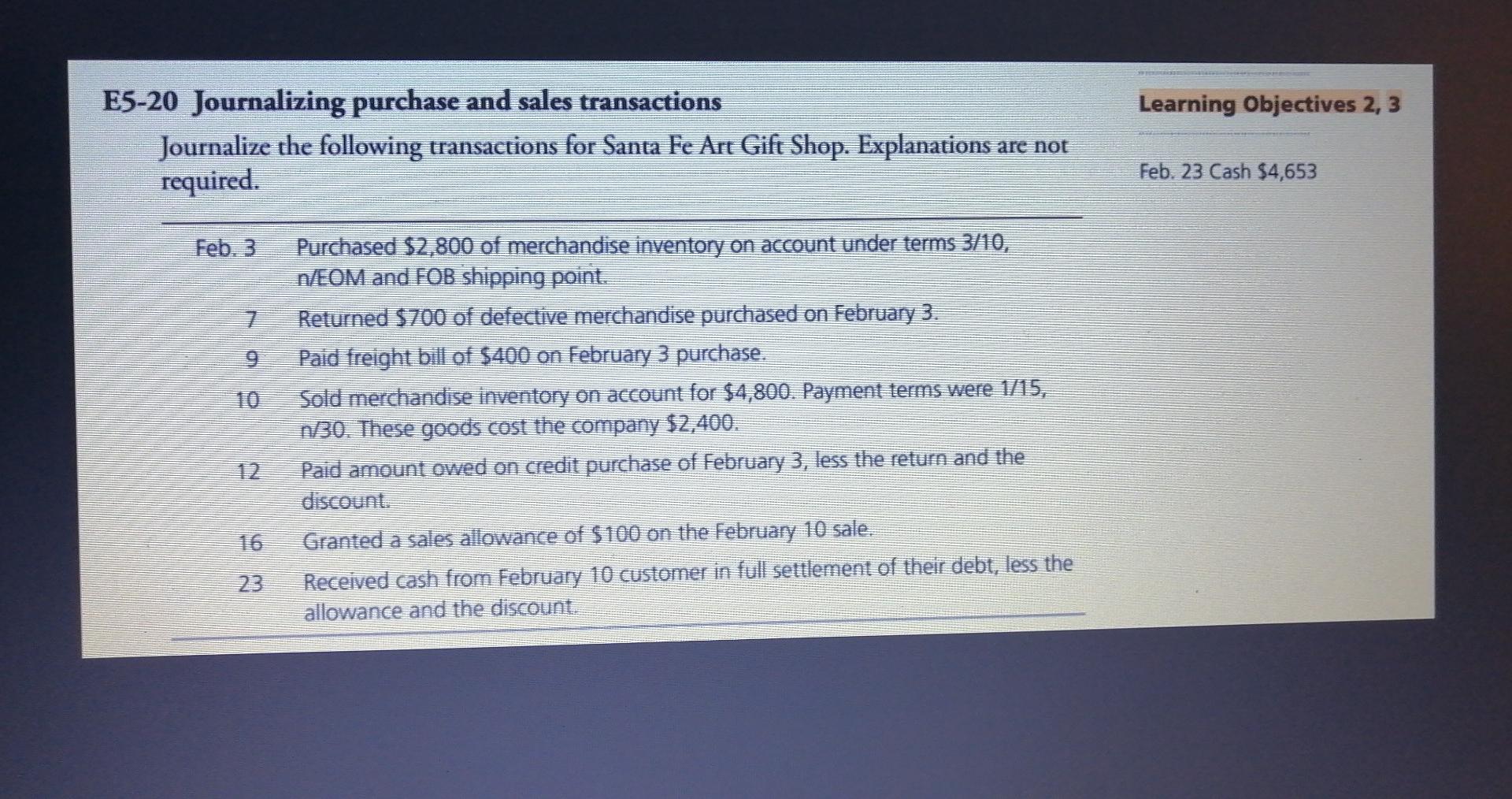 how to solve this ? Learning Objectives 2, 3 E5-20 Journalizing purchase