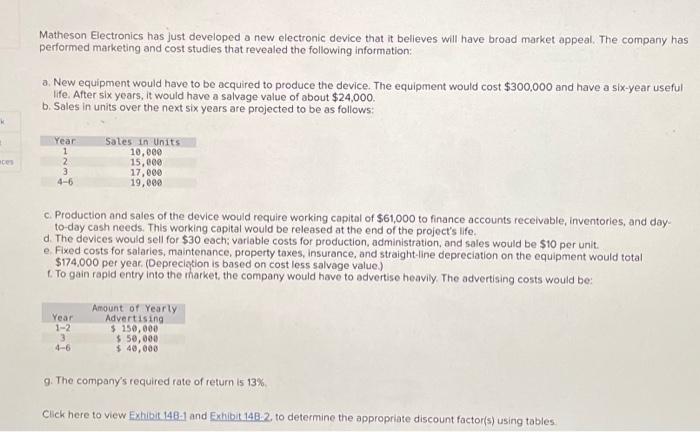  Matheson Electronics has just developed a new electronic device that it