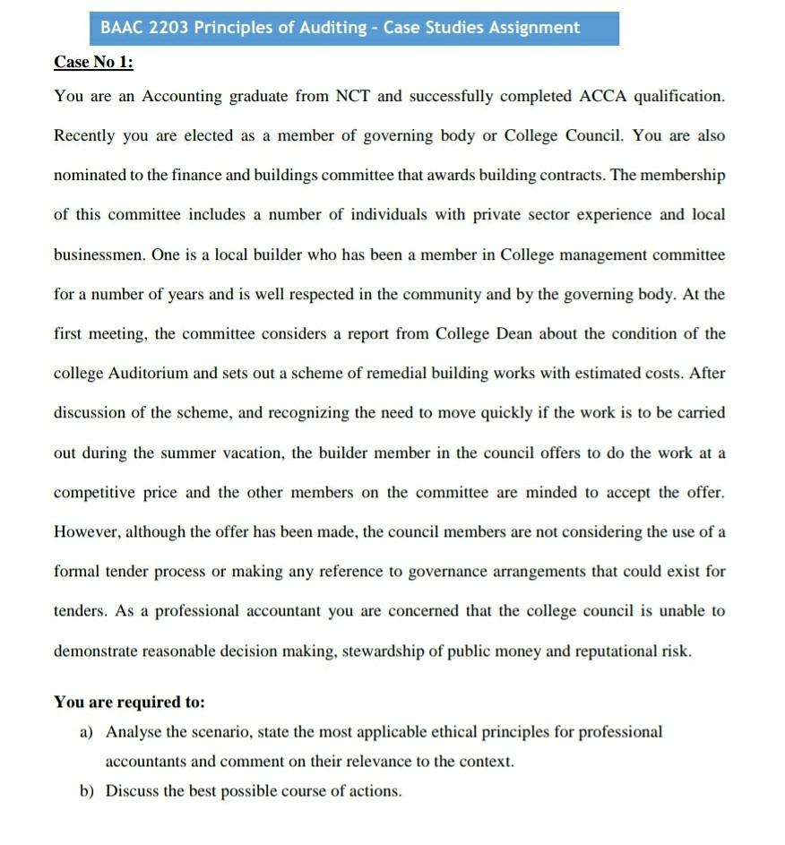  BAAC 2203 Principles of Auditing - Case Studies Assignment Case No