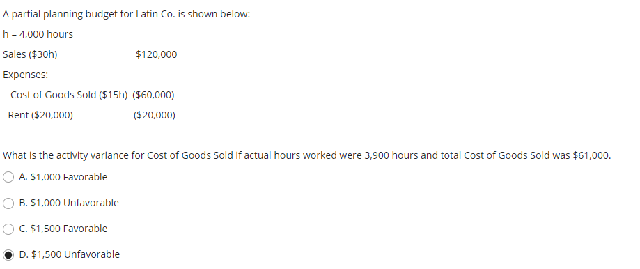  A partial planning budget for Latin Co. is shown below: h