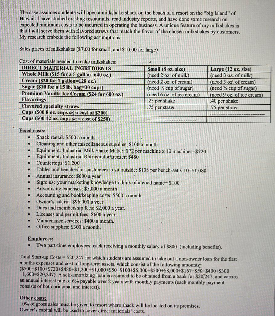 The case assumes students will open a milkshake shack on the