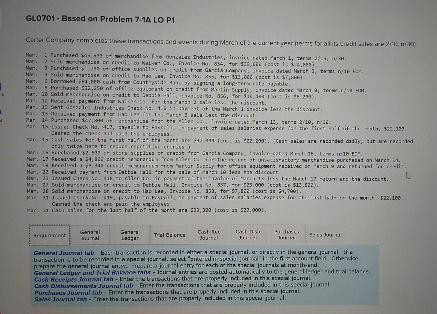 GL0701 - Based on Problem 7-1A LO P1 Carter Company completes
