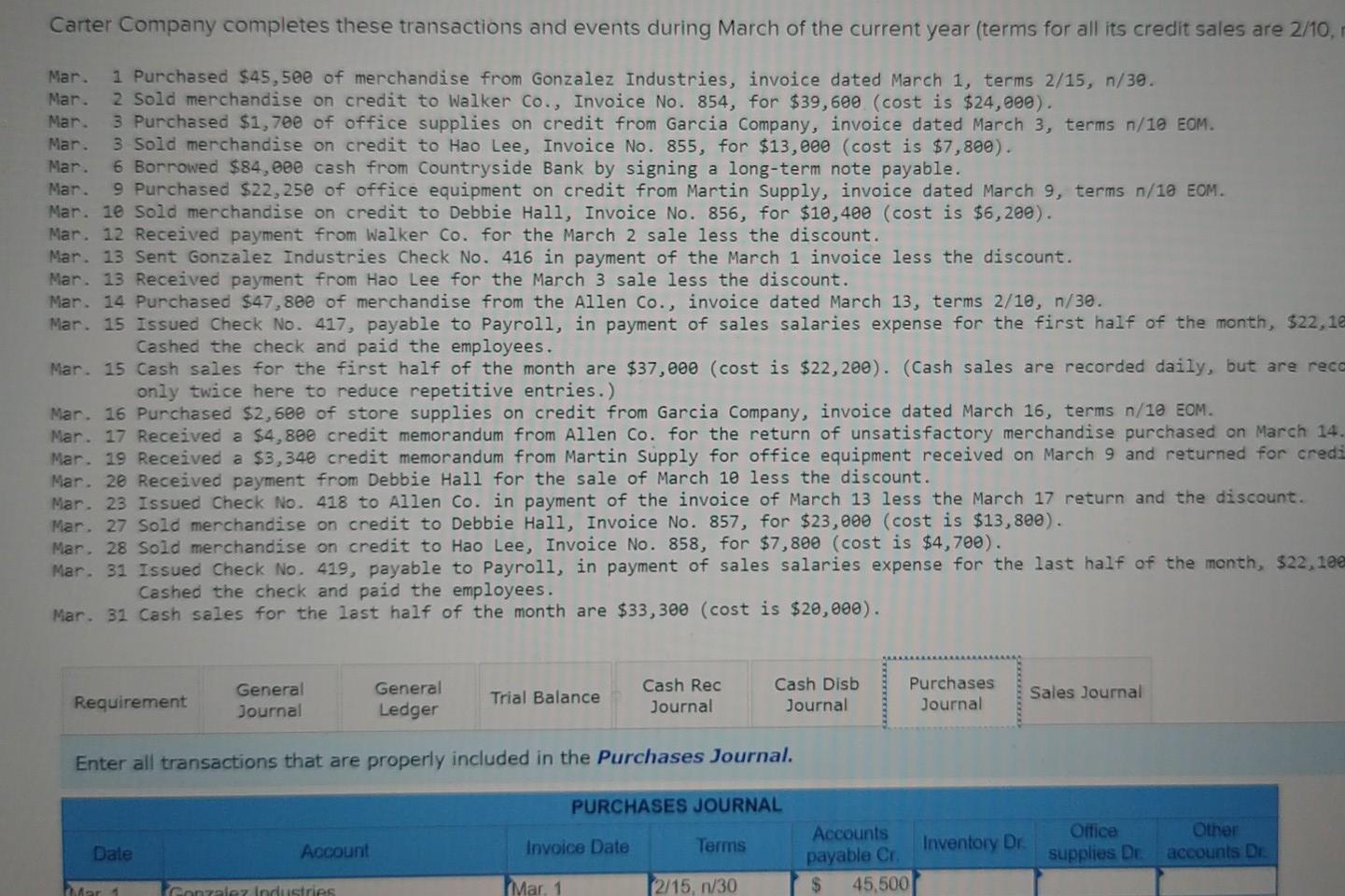 supplies on credit from Garcia Company, invoice dated March 3, terms n/10
