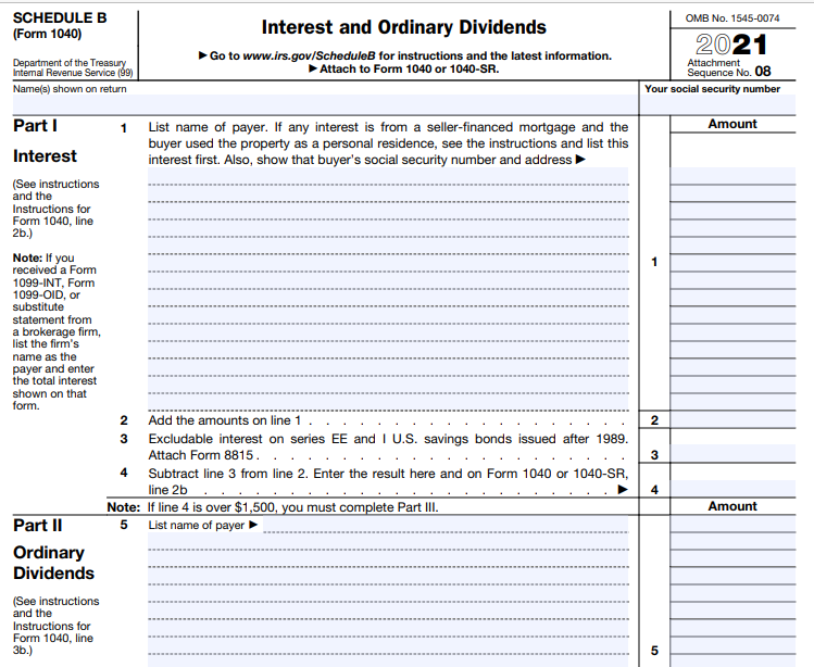 Please fill out schedule B (Form 1040) attached below, based on the