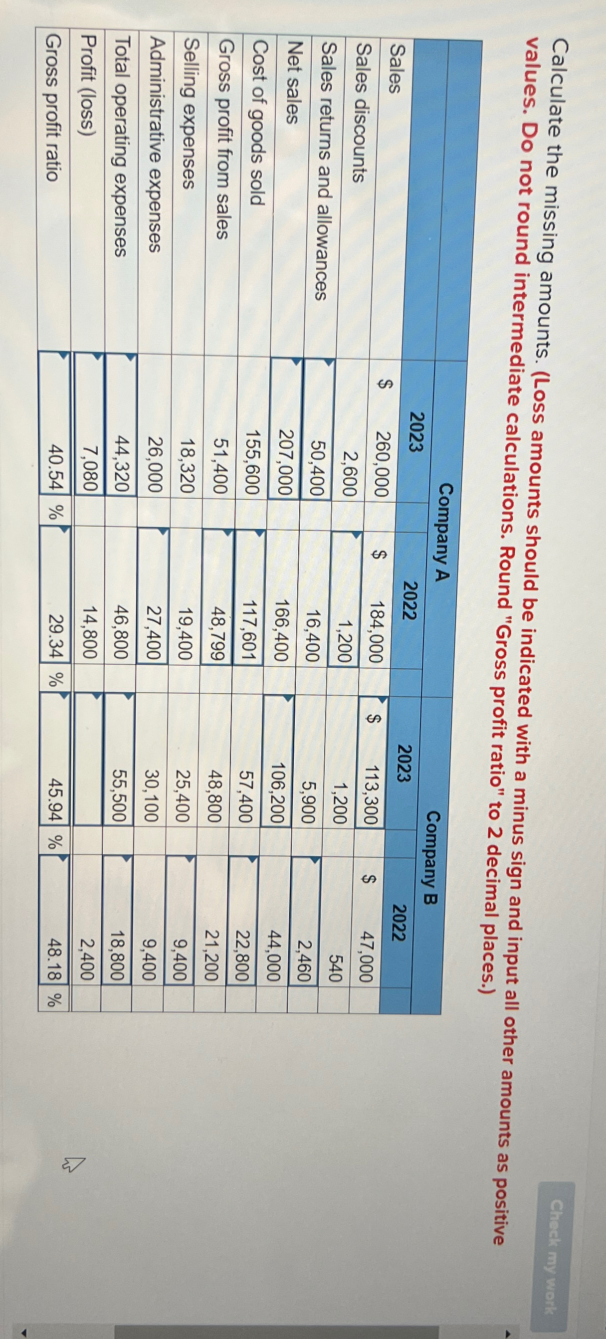  Calculate the missing amounts. (Loss amounts should be indicated with a