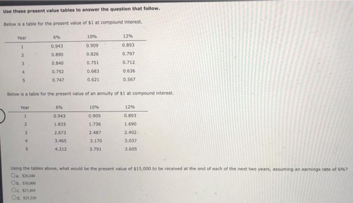  Use these present value tables to answer the question that follow.