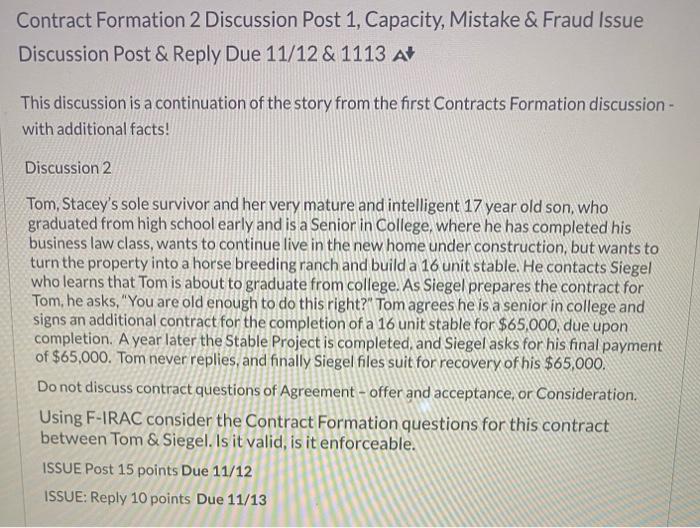  Contract Formation 2 Discussion Post 1, Capacity, Mistake & Fraud Issue