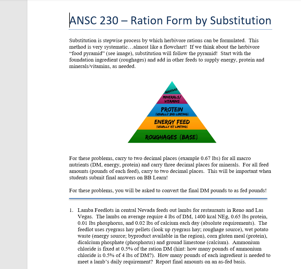  ANSC 230 Ration Form by Substitution Substitution is stepwise process by