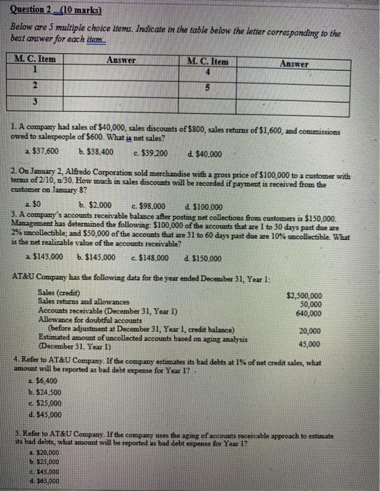  Question 2 (10 marks) Below are 5 multiple choice items. Indicate