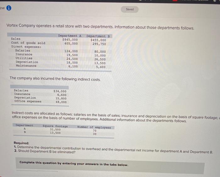  ew Saved Vortex Company operates a retail store with two departments.