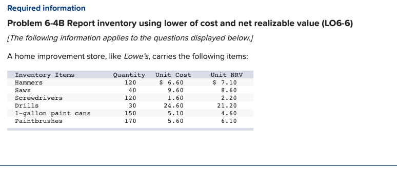  Required information Problem 6-4B Report inventory using lower of cost and