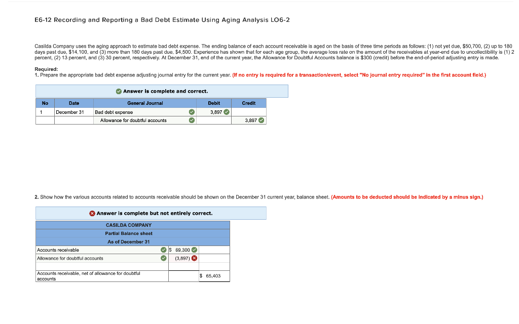 E6-12 Recording and Reporting a Bad Debt Estimate Using Aging Analysis