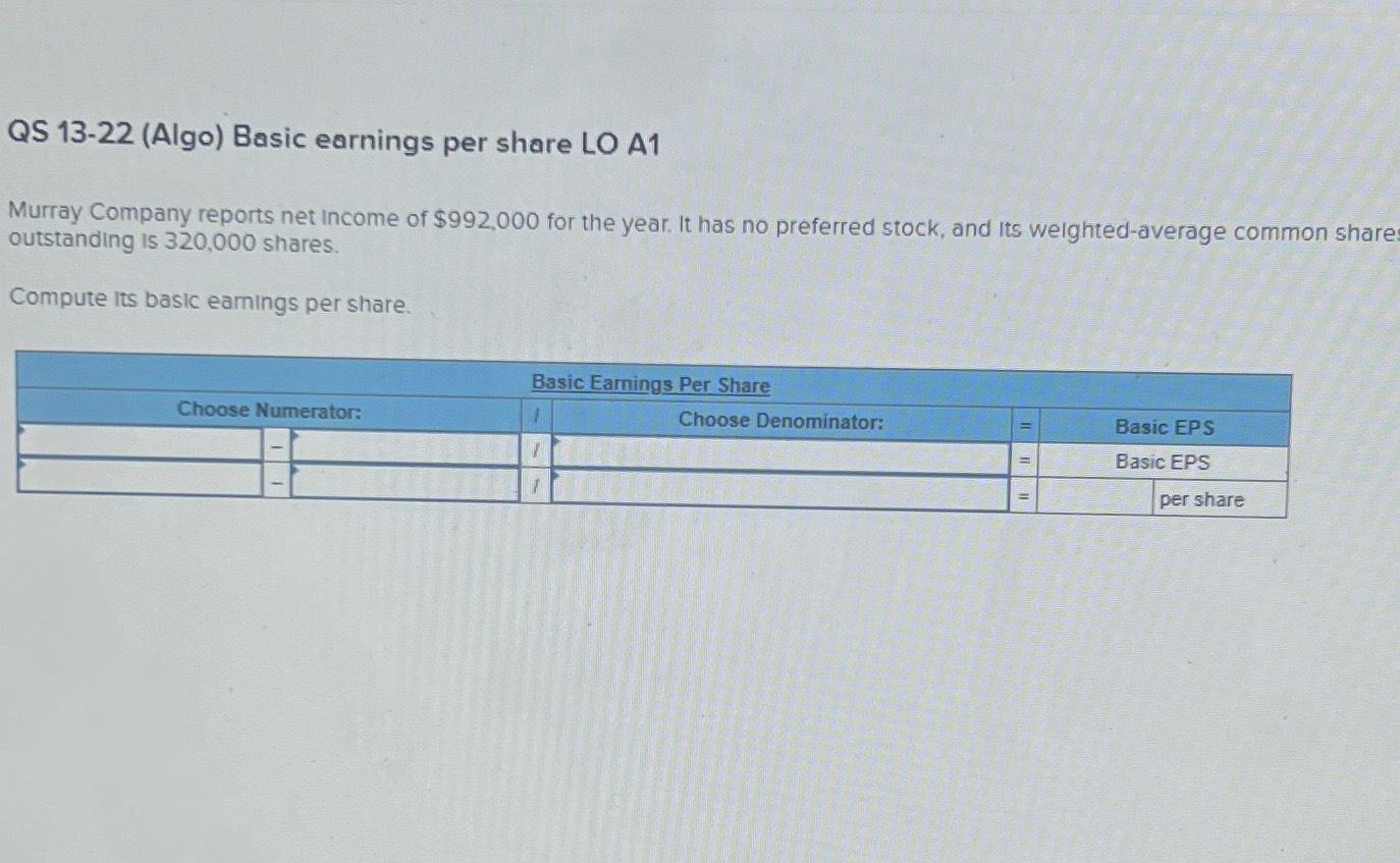  QS 13-22(Algo) Basic earnings per share LO A1 Murray Company reports