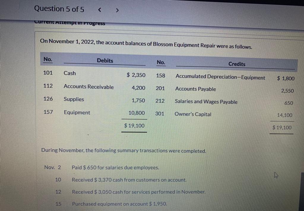 Question 5 of 5 > Current Attempt in Progress On November