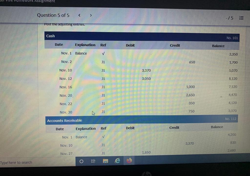 1,850. 30 Paid salaries $ 750. Enter the November 1 balances in