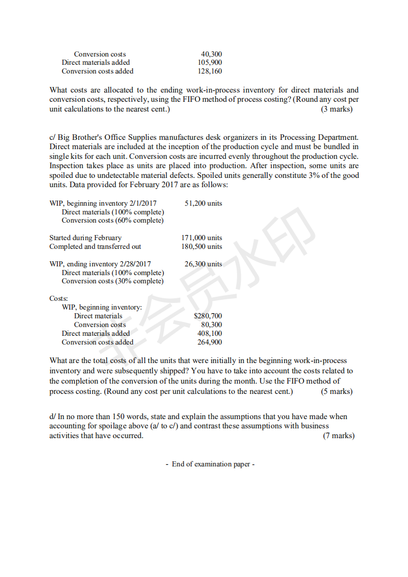 manufactures chairs in its Processing Department. Direct materials are included at the