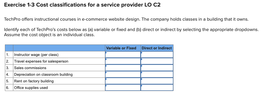 Exercise 1-3 Cost classifications for a service provider LO C2 TechPro