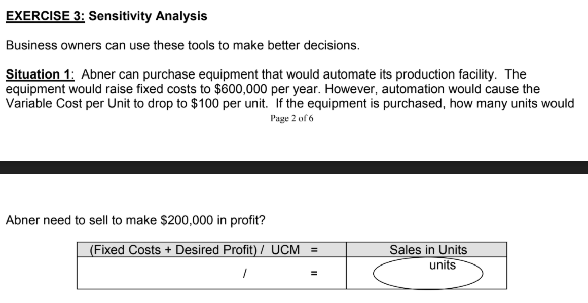 Exercise 2, what is the number of units needed to achieve the
