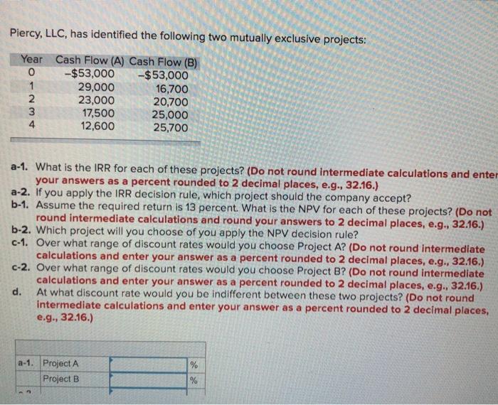  Please Help Piercy, LLC, has identified the following two mutually exclusive