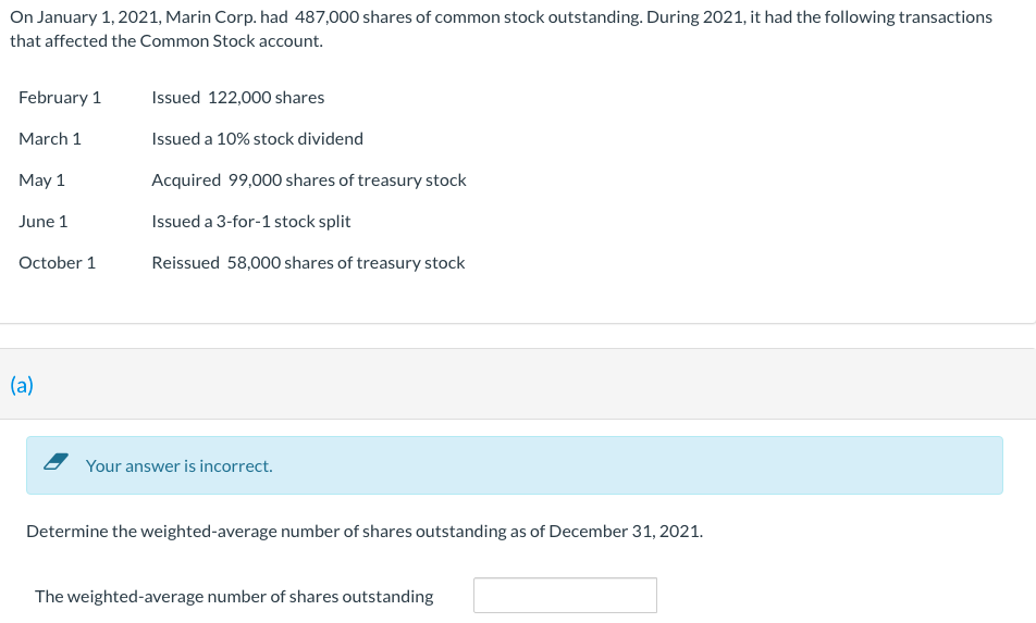 On January 1, 2021, Marin Corp. had 487,000 shares of common stock