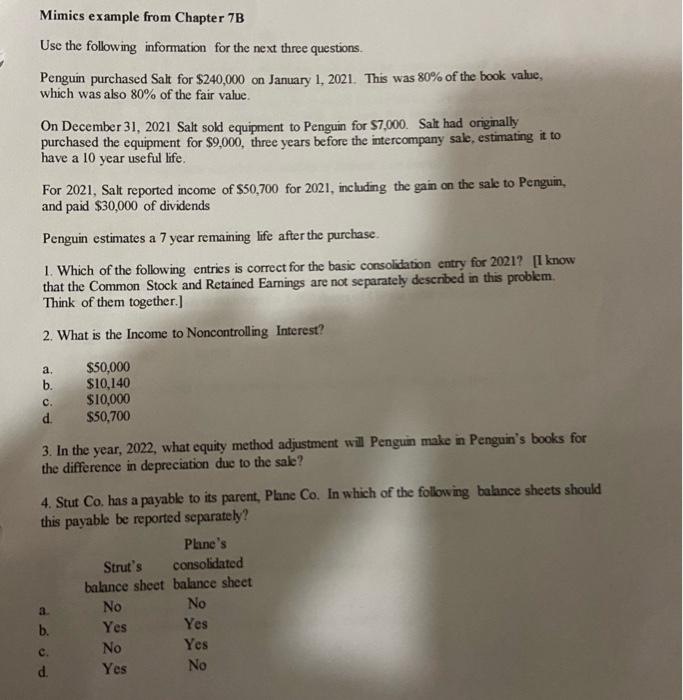  Mimics example from Chapter 7B Use the following information for the