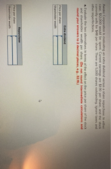 Awake Corporation is evaluating an extra dividend versus a share repurchase.