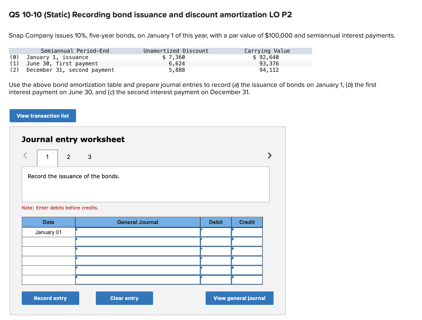  QS 10-10(Static) Recording bond issuance and discount amortization LO P2 Snap