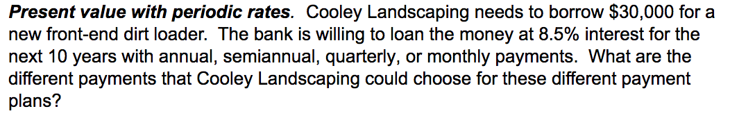  Present value with periodic rates. Cooley Landscaping needs to borrow $30,000