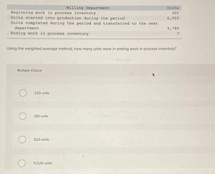  multiple choice thanks Milling Department Beginning work in process inventory Units