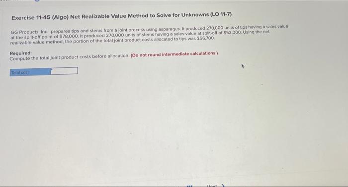  Exercise 11-45 (Algo) Net Realizable Value Method to Solve for Unknowns
