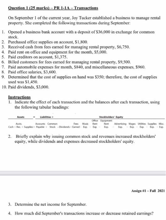 Pr1-1A Transactions please label each question Question 1 (25 marks) - PR