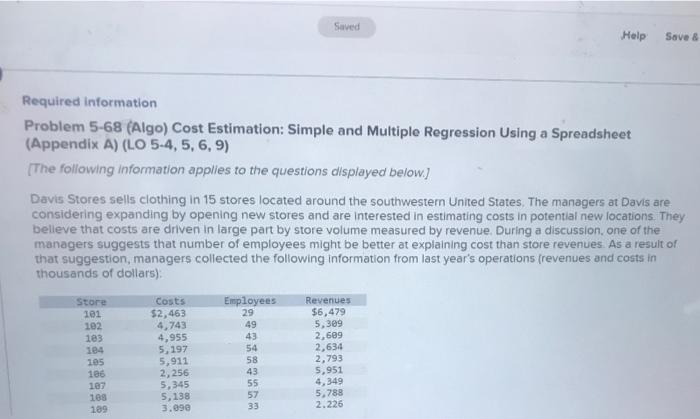  Saved Help Save & Required information Problem 5-68 (Algo) Cost Estimation: