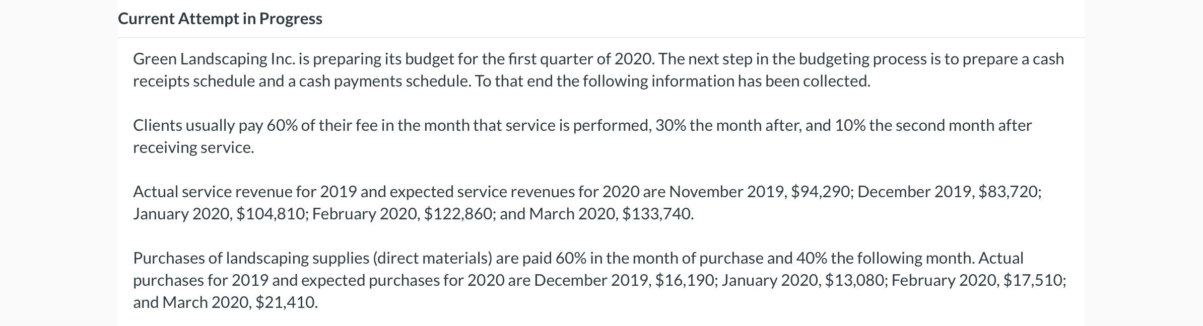  Current Attempt in Progress Green Landscaping Inc. is preparing its budget