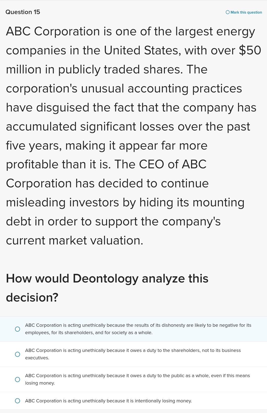  Question 15 Mark this question ABC Corporation is one of the