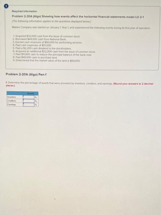  Required information Problem 2-20A (Algo) Showing how events affect the horizontal