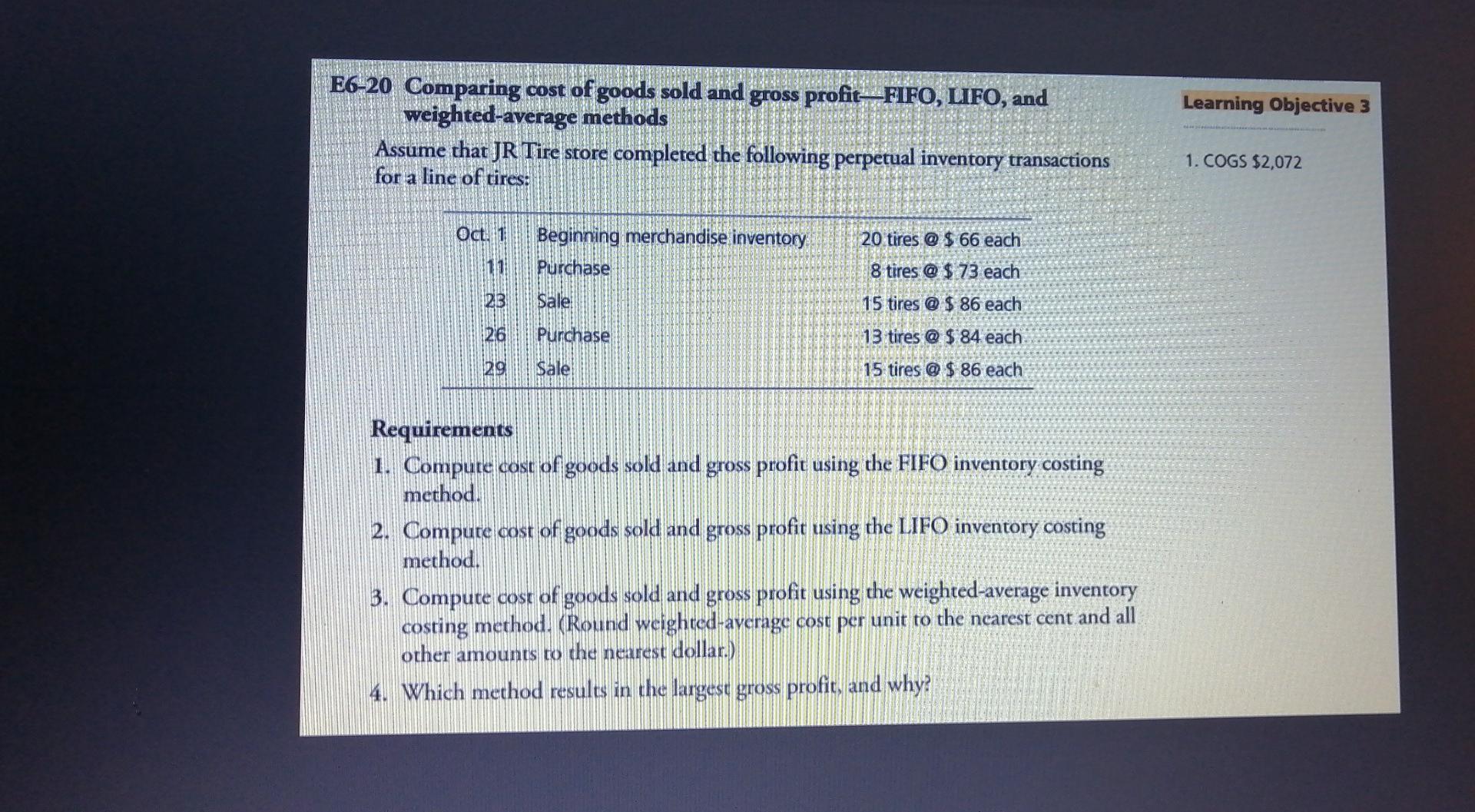 solve with steps for 1-2-3-4 Learning Objective 3 E6-20 Comparing cost
