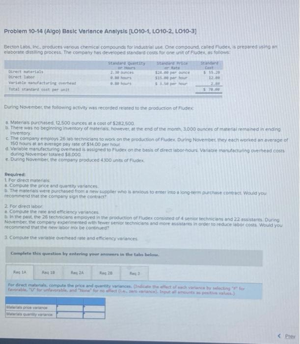  Problem 10-14 (Algo) Basic Variance Analysis (LO10-1, L010-2, L010-3] Becton Labs,