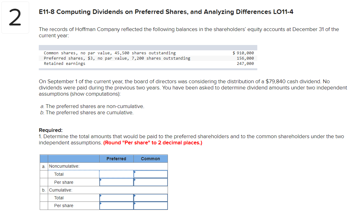 E11-8 Computing Dividends on Preferred Shares, and Analyzing Differences LO11-4 2