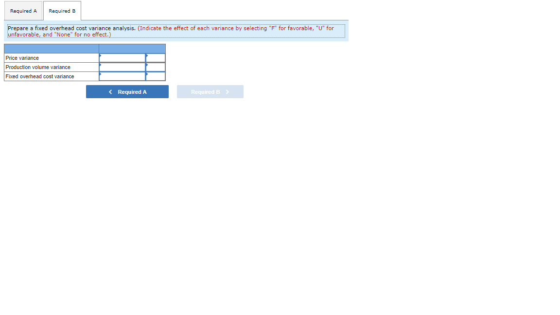 Required A Required B Prepare a fixed overhead cost variance analysis.