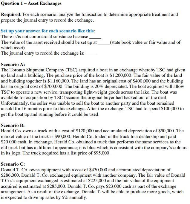Question 1 - Asset Exchanges Required: For each scenario, analyze the