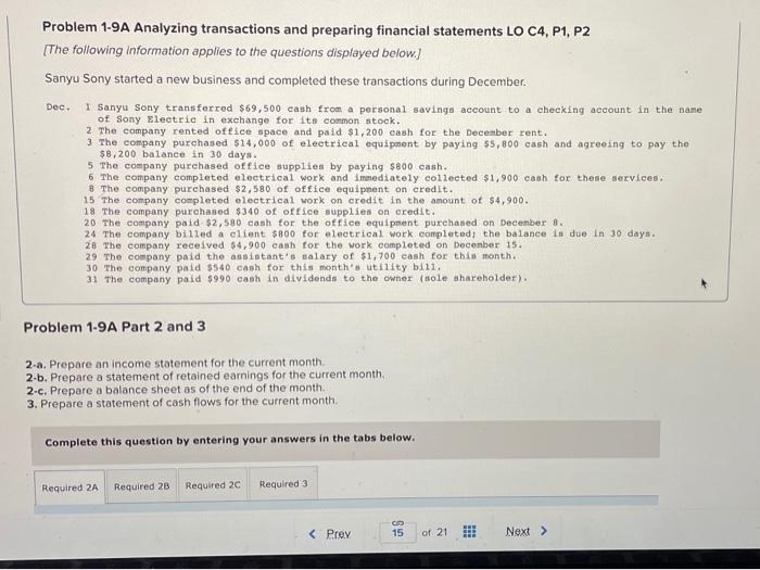  Problem 1-9A Analyzing transactions and preparing financial statements LO C4, P1,