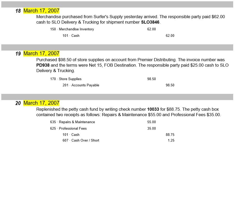 March 11, 2007 Purchased merchandise on account from Central Coast Boarding. Central