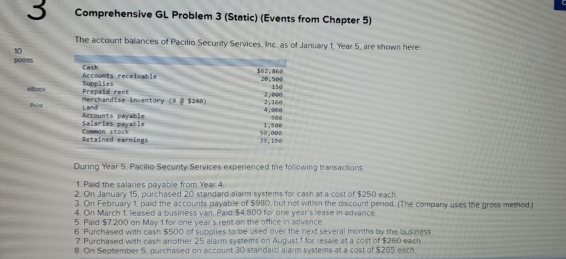  3 Comprehensive GL Problem 3 (Static) (Events from Chapter 5) The