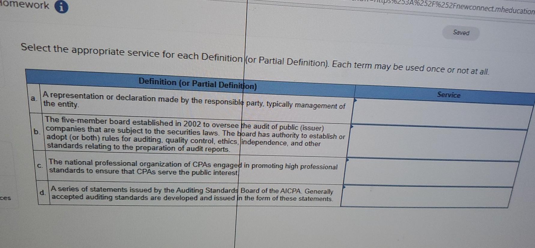  Homework i 252F%252Fnewconnect.mheducation Saved Select the appropriate service for each Definition