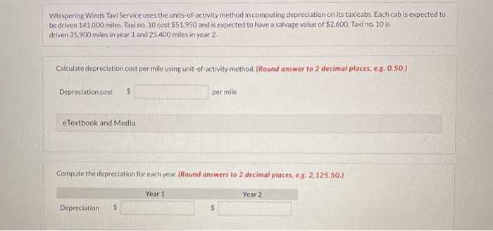  Whispering Winds Taxi Service uses the units-of-activity method in computing depreciation