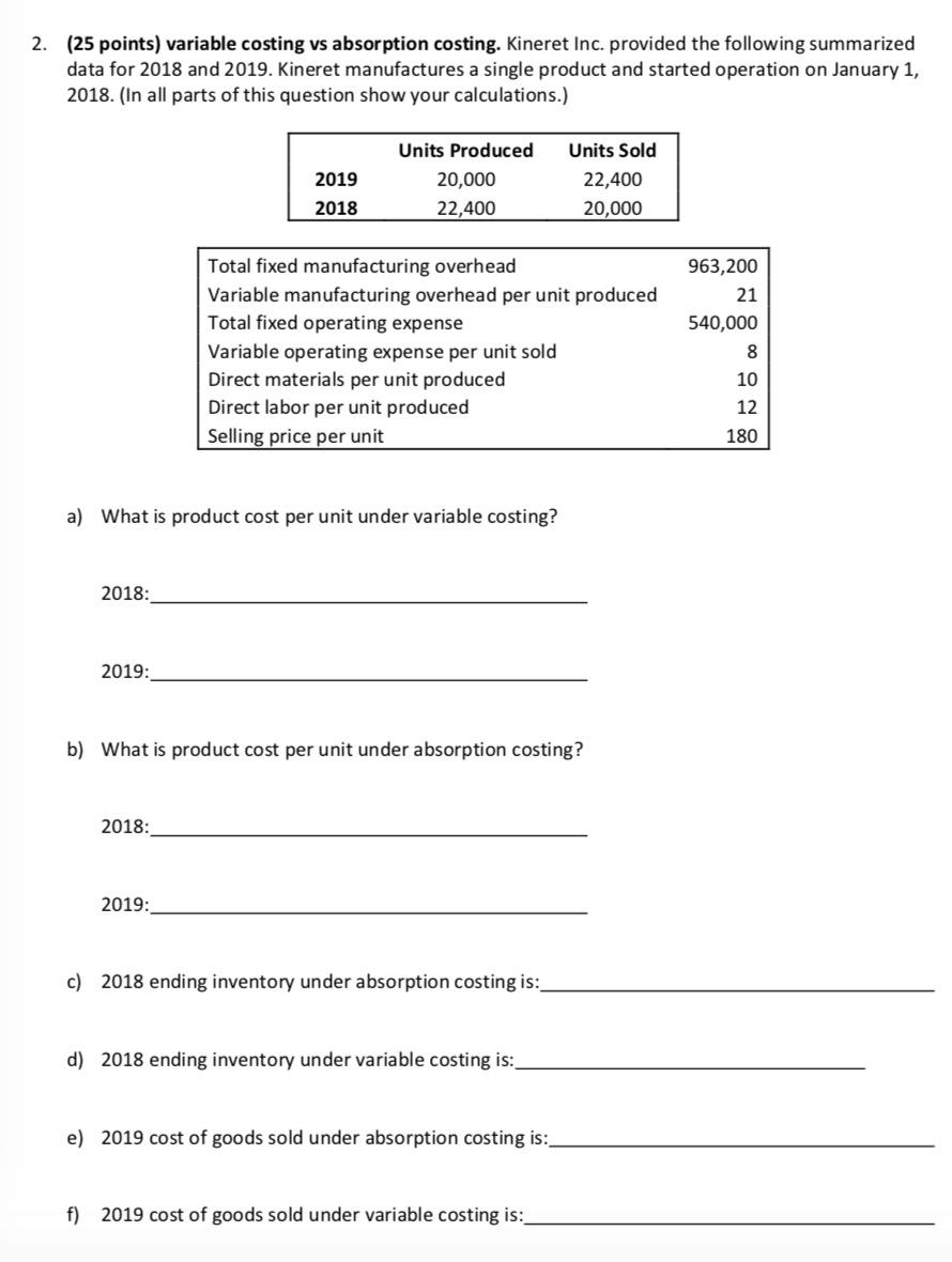 2. (25 points) variable costing vs absorption costing. Kineret Inc. provided