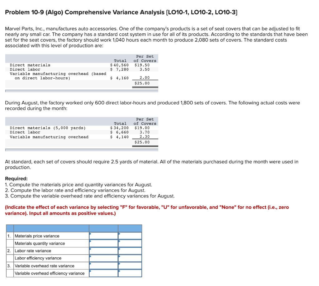Problem 10-9 (Algo) Comprehensive Variance Analysis [LO10-1, LO10-2, LO10-3] Problem 10-9 (Algo)