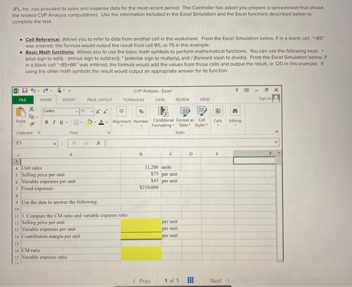  JPL, Inc. has provided its sales and expense data for the