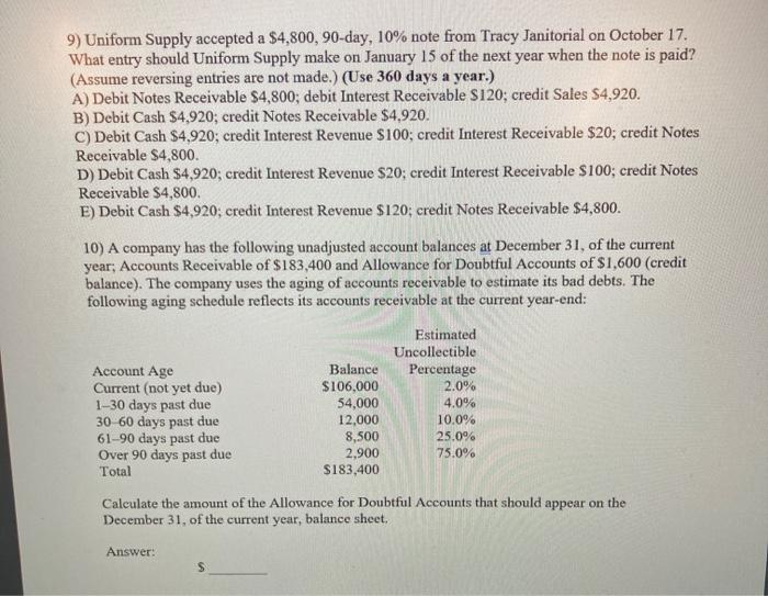  9) Uniform Supply accepted a $4,800, 90-day, 10% note from Tracy